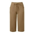 thumbnail image 4 of Tianiyouqing Women Capri Pants Linen Wide Leg Drawstring Petite Length 2025 Gaucho Pants Elastic Waist High Waisted Stretchy Straight Leg Trousers with Pockets Khaki L, 4 of 6