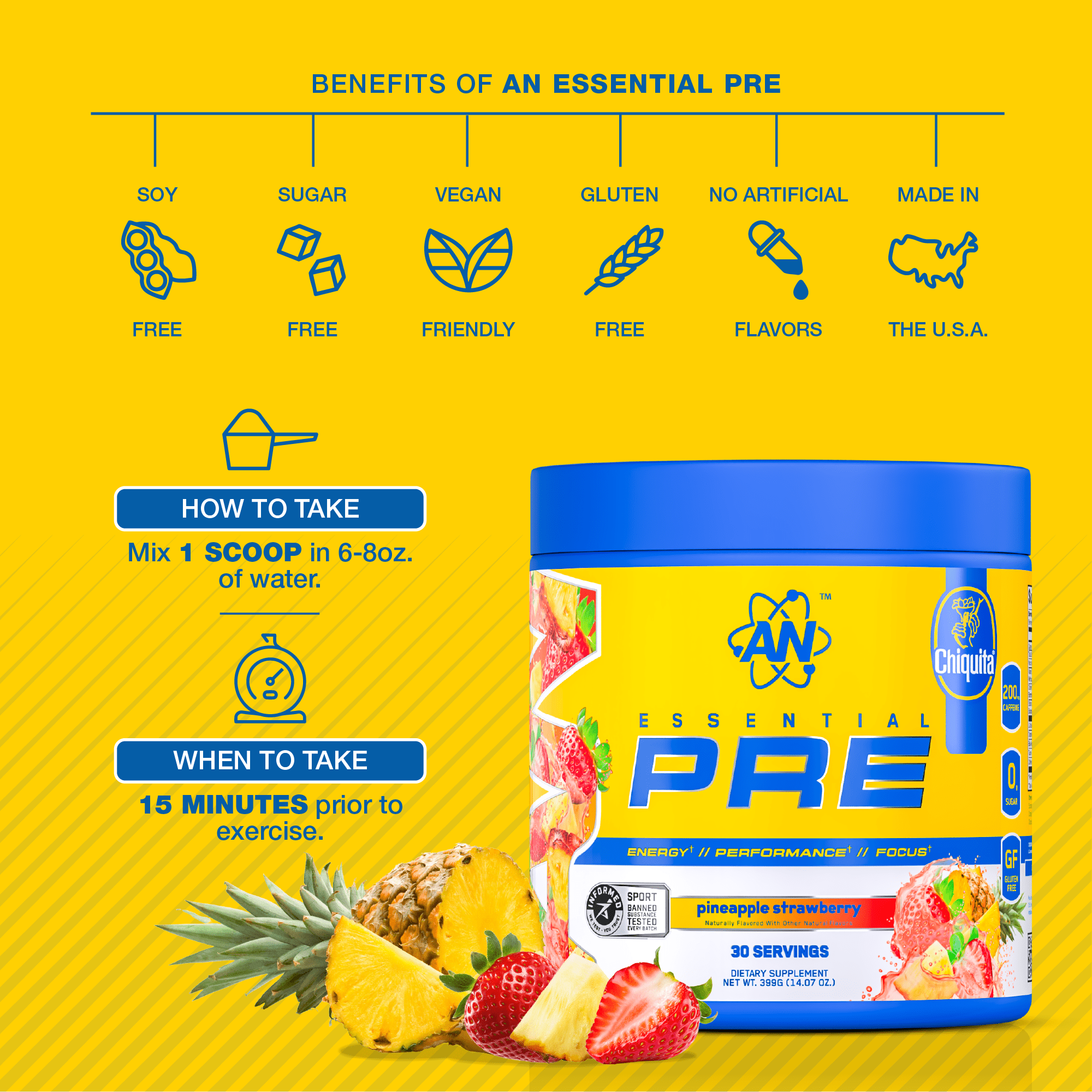 AN Supps Essential PRE Workout Powder Pineapple Strawberry, 200mg Caffeine, No Sugar, Vegan, Gluten & Soy Free, Chiquita® Natural Flavor, Pre-Workout Energy Drink – 30 Servings