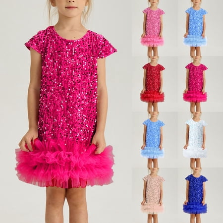 lcziwo Girls Sequin Dress Shiny Short Cap Sleeve Midi Sparkly Party Dress Kids Petite A Line Glitter Performance Dresses Blue 2-3 Years