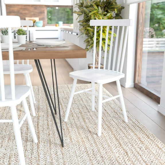 BizChair Set of 2 Commercial Grade Windsor Dining Chairs, Solid Wood Armless Spindle Back Restaurant Dining Chairs in White