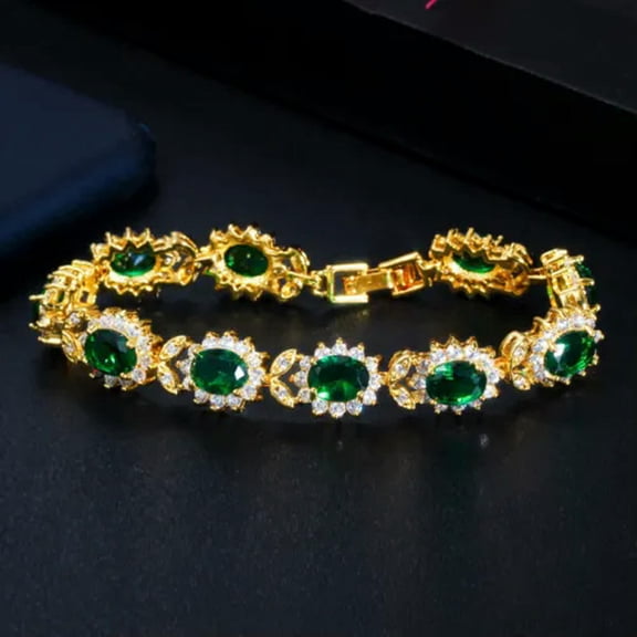 Luxury Gold Royal Blue Cubic Zirconia Stone Oval Leaf Bracelet Bangles for Women