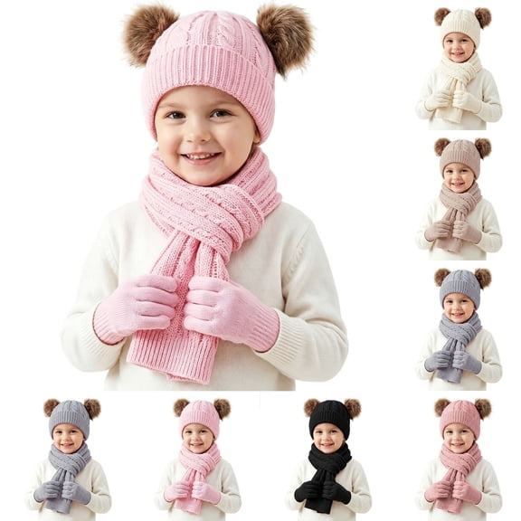 YUANxueke Winter Hat & Scarf & Gloves Set for Kids, Knitted Pom Pom Beanie, Warm 3-Piece Cold Weather Sets