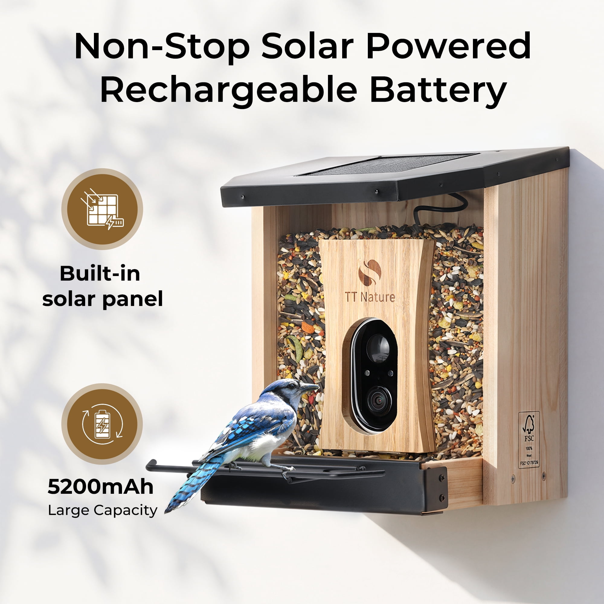 TT Nature Smart Bird Feeder with Camera Solar Powered, AI Identify 10000+ Birds, Weatherproof , Eco-friendly Wooden, Ideal Gift for Bird Lovers