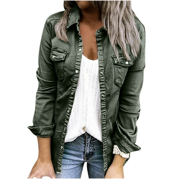 YUGYXL Womens Denim Shirt Slim-fit Collared Button Down Casual Fashion Long Sleeve Jean Jacket Tops with Pockets Army Green L