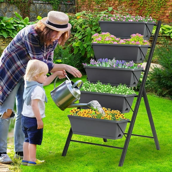 Spaco 5-Tier Raised Garden Bed with Water Drainage for Flowers Vegetables, Garden Bed for Outdoor as Garden, Patio, Yard, Gray