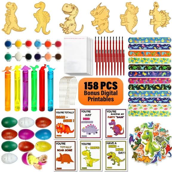 Diousaur Party Favors - 12 Dino Wooden Painting Kit Wristband Bubble Wand for Kids
