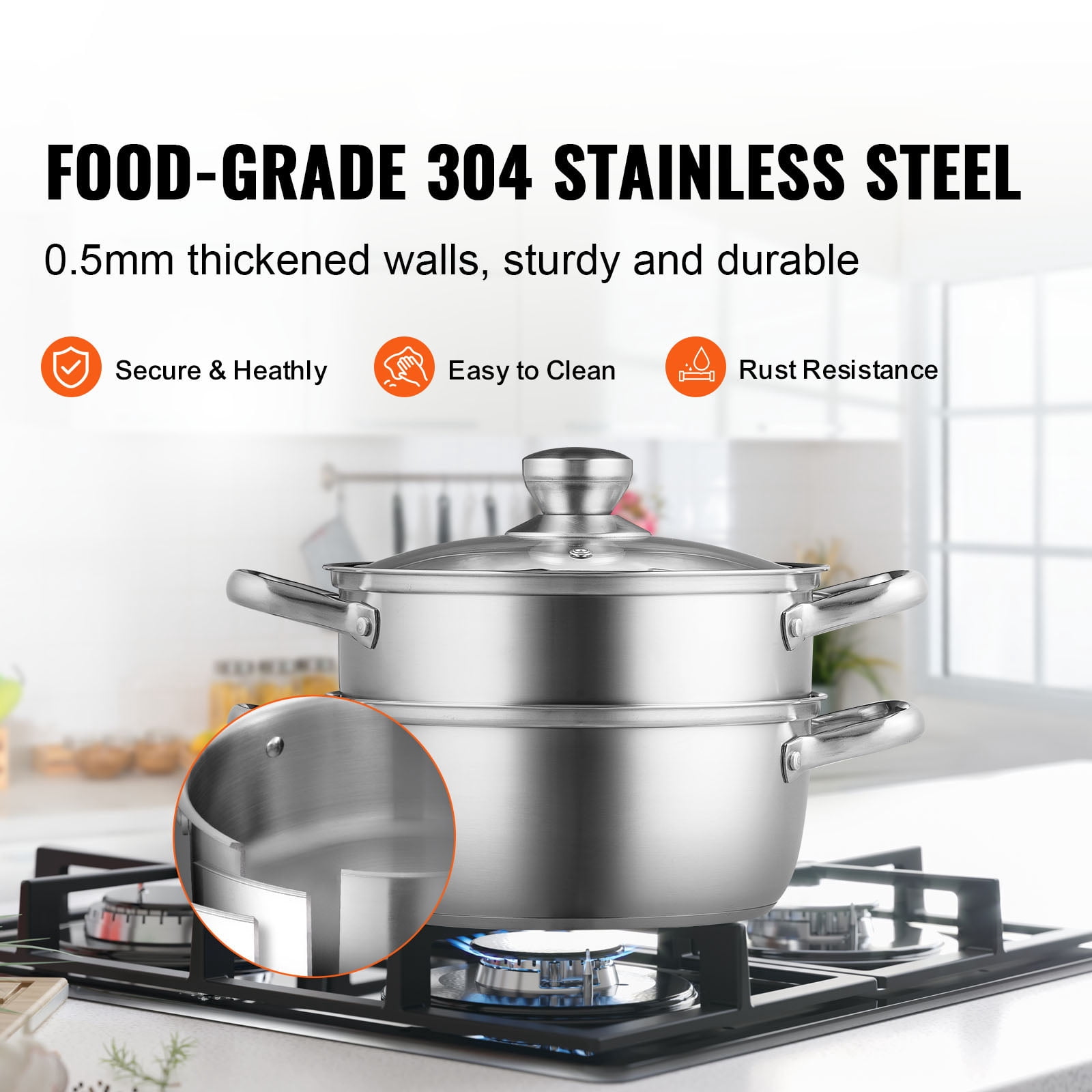 KFFKFF Steamer Pot, 9.5in/24cm Steamer Pot for Cooking with 5QT Stock Pot and Vegetable Steamer, Food-Grade 304 Stainless Steel Food Steamer Cookware with Lid for Gas Electric Induction Grill Stove