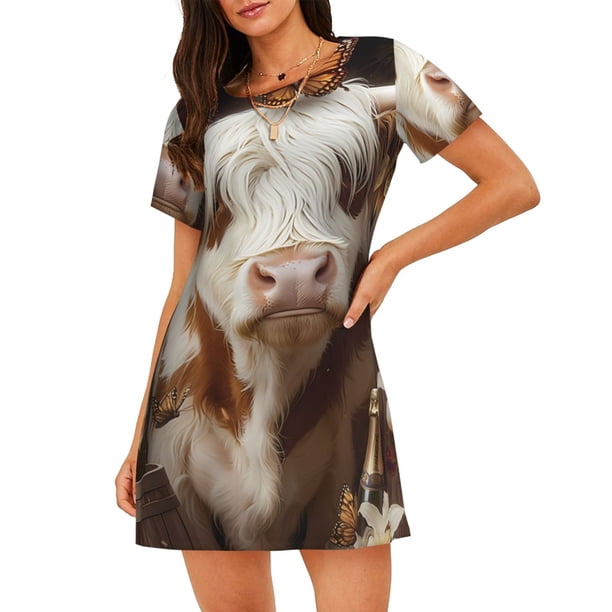 Balery Cow With Butterflies Camisón de manga corta con cuello redondo para mujer, cómodo y elegante.