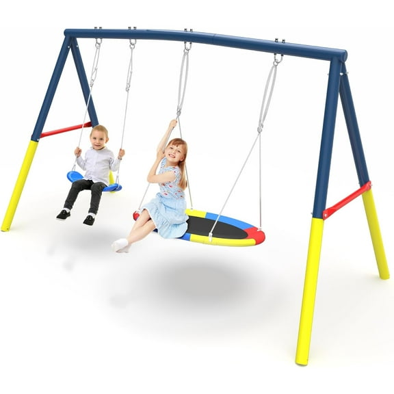 Swing Set for Backyard with Stand, NBBGS Baby Swing Outdoor Playset Heavy Duty 440lbs Metal A-Playground Sets for Backyards with 32" Saucer Swing & 26.2" Seats