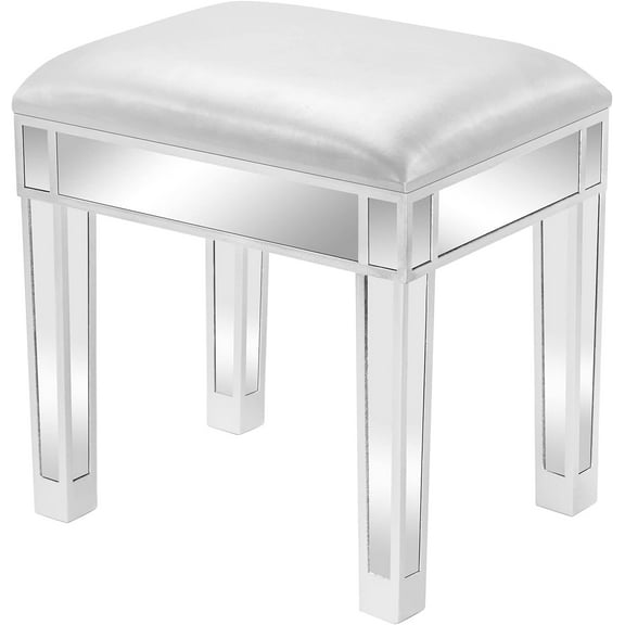 Modern Style Mirrored Vanity Stool with Storage, Faux Leather Ottoman, Makeup Dressing Table Bench, Silver