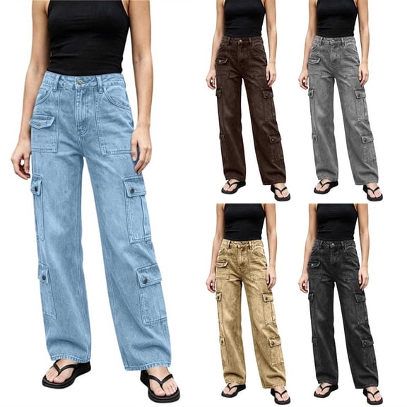 Fmbrln Womens Casual Loose Cargo Jeans Trendy Elastic Waist Button Multiple Pockets Denim Pants