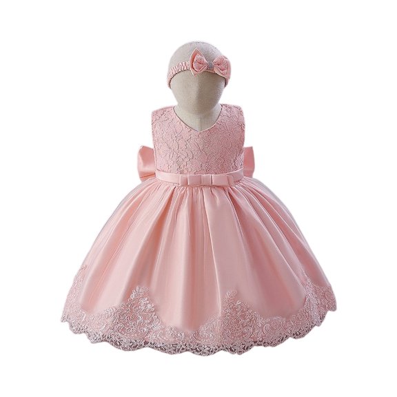 LWavelet Baby Girl Lace Tulle Dress with Bow Headband Elegant Sleeveless Party Gown for Infant Toddler Outfit