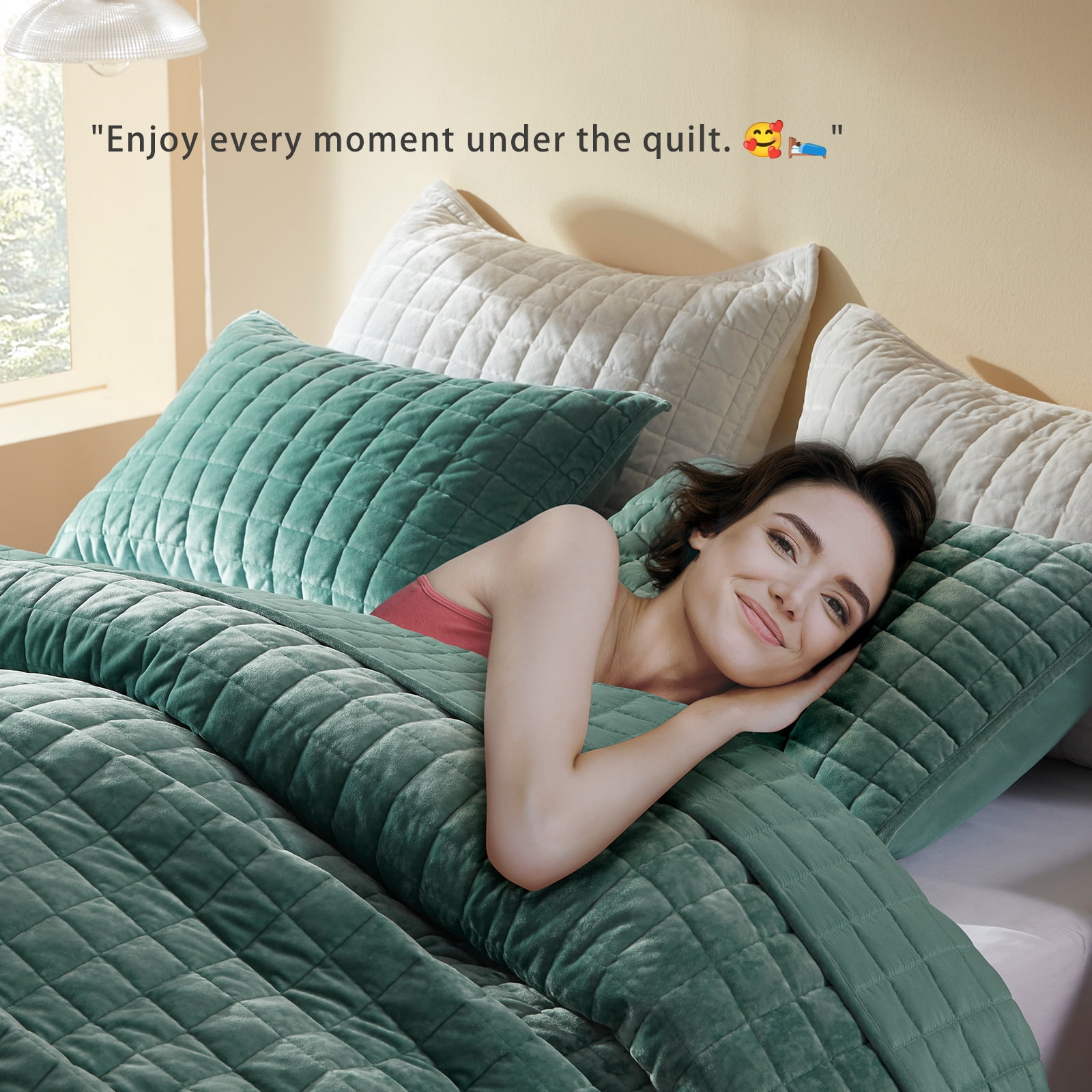Velvet Quilt California King-118''x106'', Lightweight Aqua Green Velvet Comforter Set with 2 Pillow Shams, Soft Oversized Bedspread Coverlet Quilted Bedding Set for All Season