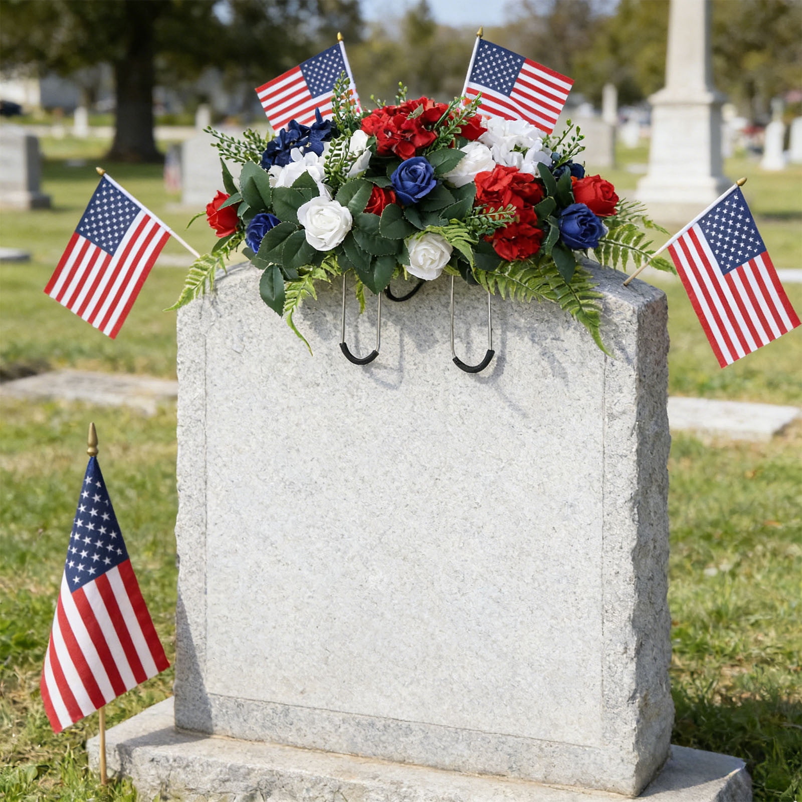Artificial Cemetery Flowers, Silk Flower Arrangement, Independence Day Decoration Artificial Rose Bouquet Grave Memorial Flowers with Headstone Saddle for Graveyard Headstones Monument Decor