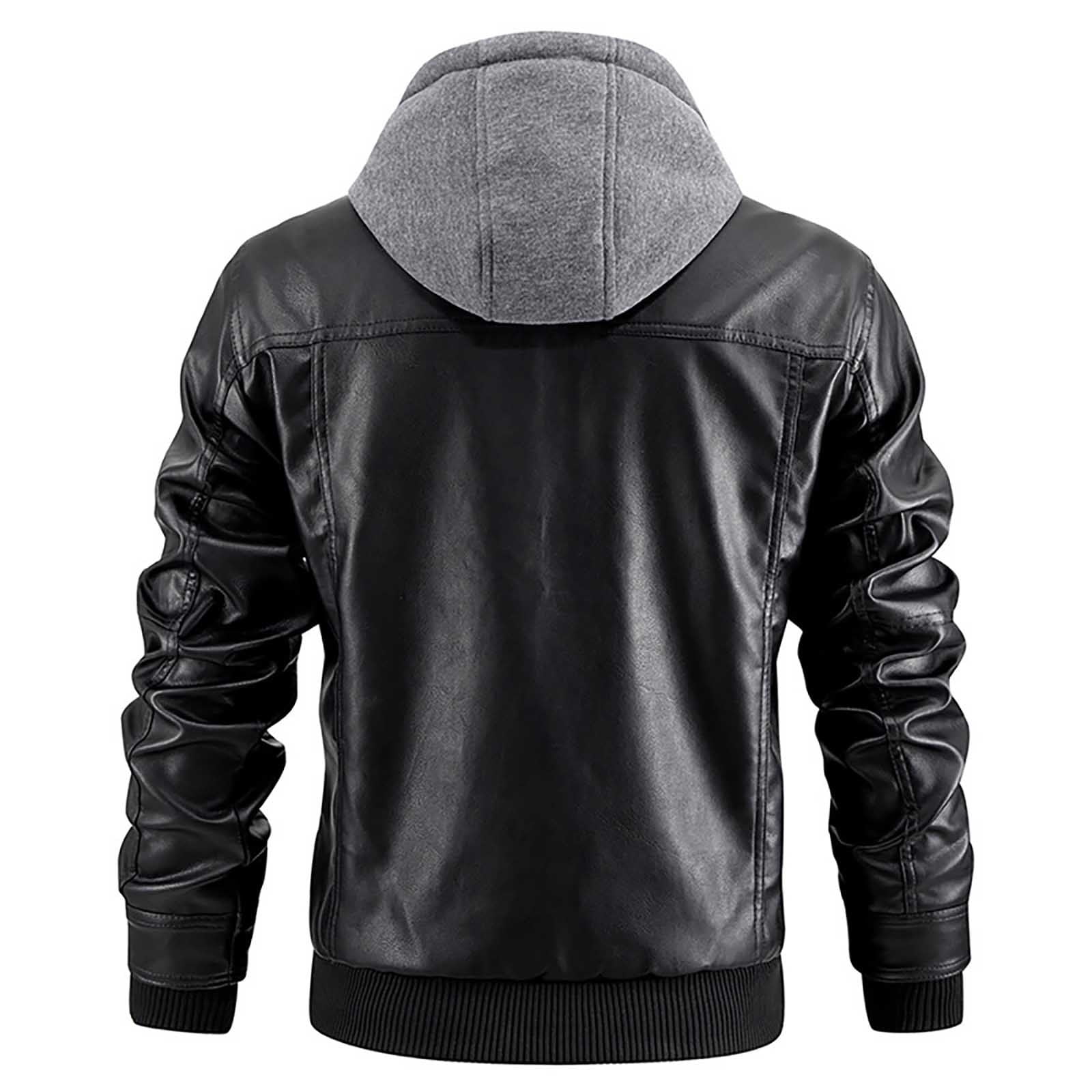 Luwomo PU Leather Jackets for Mens Mens Fall and Winter Long Sleeve Hooded Outdoor Style Coat Tops Black,2XL