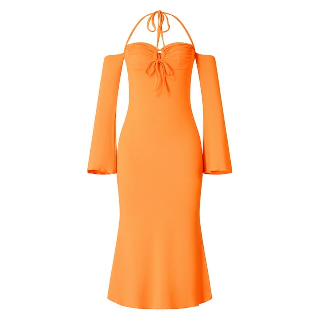 xiaxaixu Robe Midi Élégante pour Femmes, Bretelles Licou, Décolleté Bas, Manches Longues, Couleur Unie, Robe de Soirée Sirène