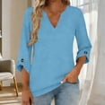 thumbnail image 2 of Mujeres 3/4 Manga de Verano Tops V Cuello Botonado Color Sólido Blusa, Camisetas Casuales de las Mujeres Suelto Ajuste Suave Respirable Primavera de Uso Diario, 2 of 9