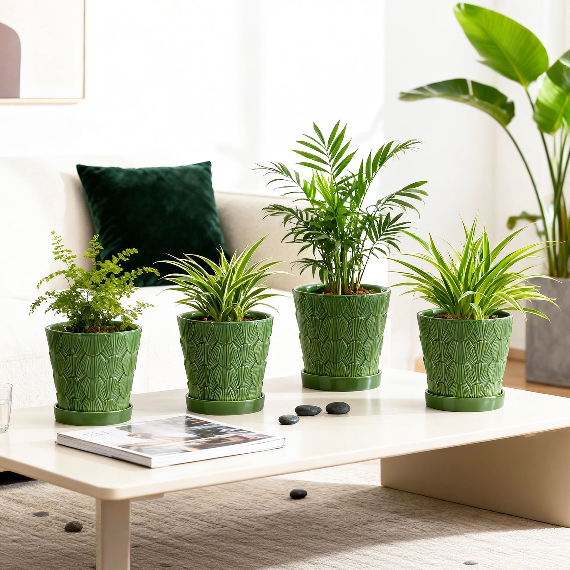 BUYMAX 5 inch Green Ceramic Flower Pots with Scallop Shell Pattern, Set of 4 - Decorative Planters with Drainage Holes & Trays - Perfect for Spring Herbs, Succulents, Windowsill & Balcony