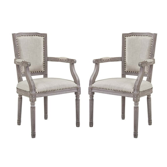 Industrial Country Cottage Farm Beach House Dining Kitchen Room Side Chair, Set of Two, Fabric Wood Copper Nail Rivet, Beige