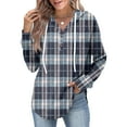 thumbnail image 2 of WTOBBY Women's Lightweight Long Sleeve Pullover with Pockets Preppy Graphic Hoodie, Raglan Sleeve Design with Retro Buttons, Plaid Pattern for Fashionable Casual Apparel,Blue M, 2 of 5