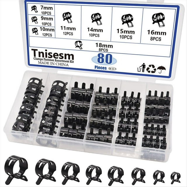 Surtido de 80 Abrazaderas de Manguera con Resorte de Silicona para Manguera de Vacío (7 mm, 9 mm, 10 mm, 11 mm, 14 mm, 15 mm, 16 mm y 18 mm)