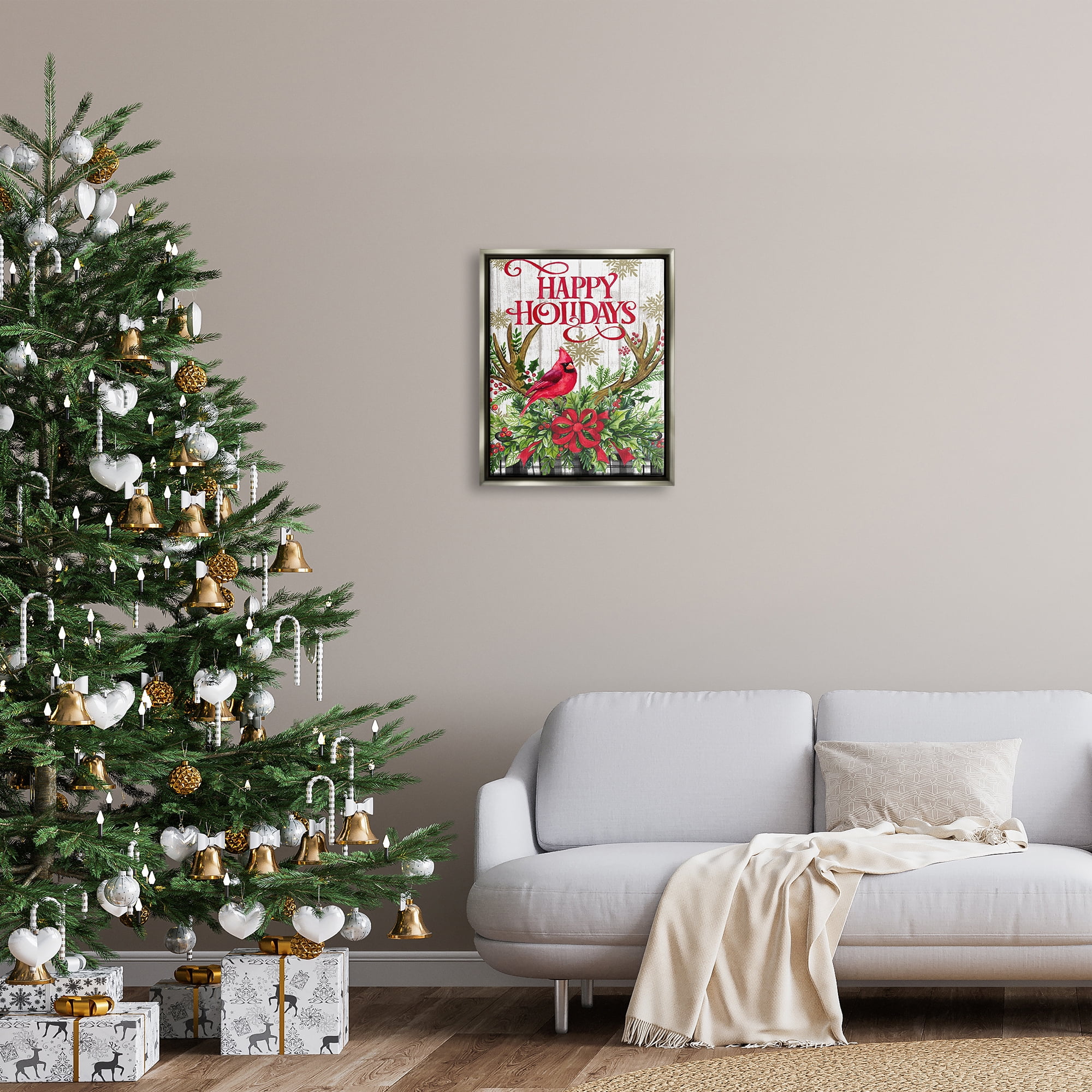 Stupell Industries Happy Holidays Cardinal Holiday Painting Gray Floater Framed Canvas Art Print Wall Art, 17 x 21