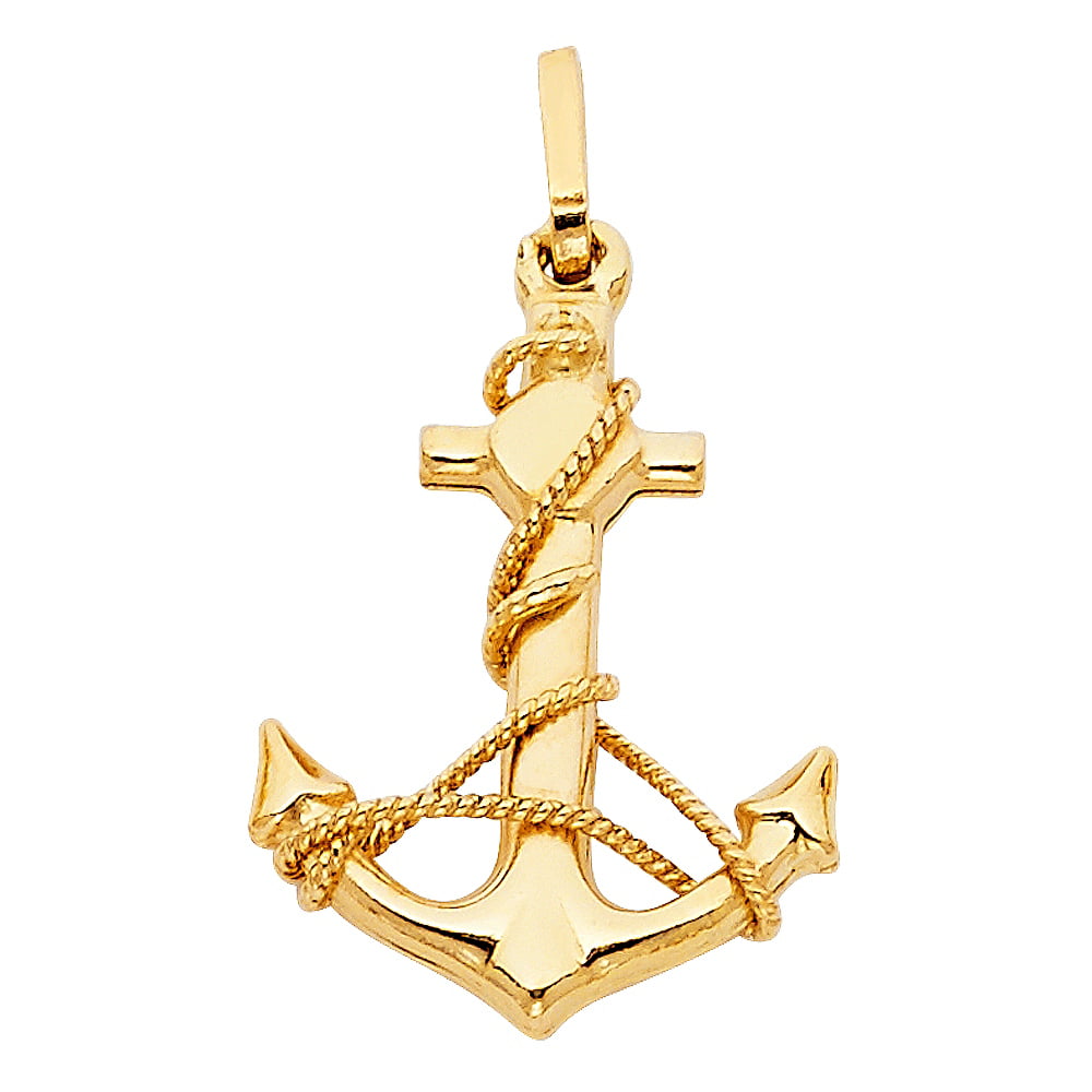 JewelryWeb - 14k Yellow Gold Nautical Ship Mariner Anchor Pendant ...