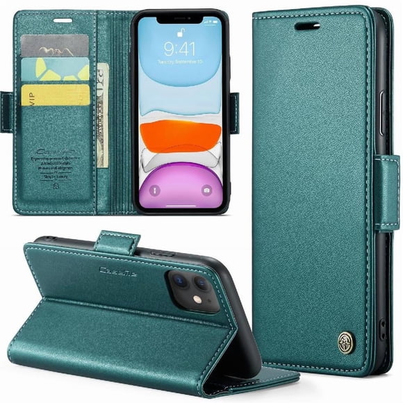 Funda tipo cartera iPhone 11 con cierre magnético, RFID, tarjetero, soporte, carga inalámbrica
