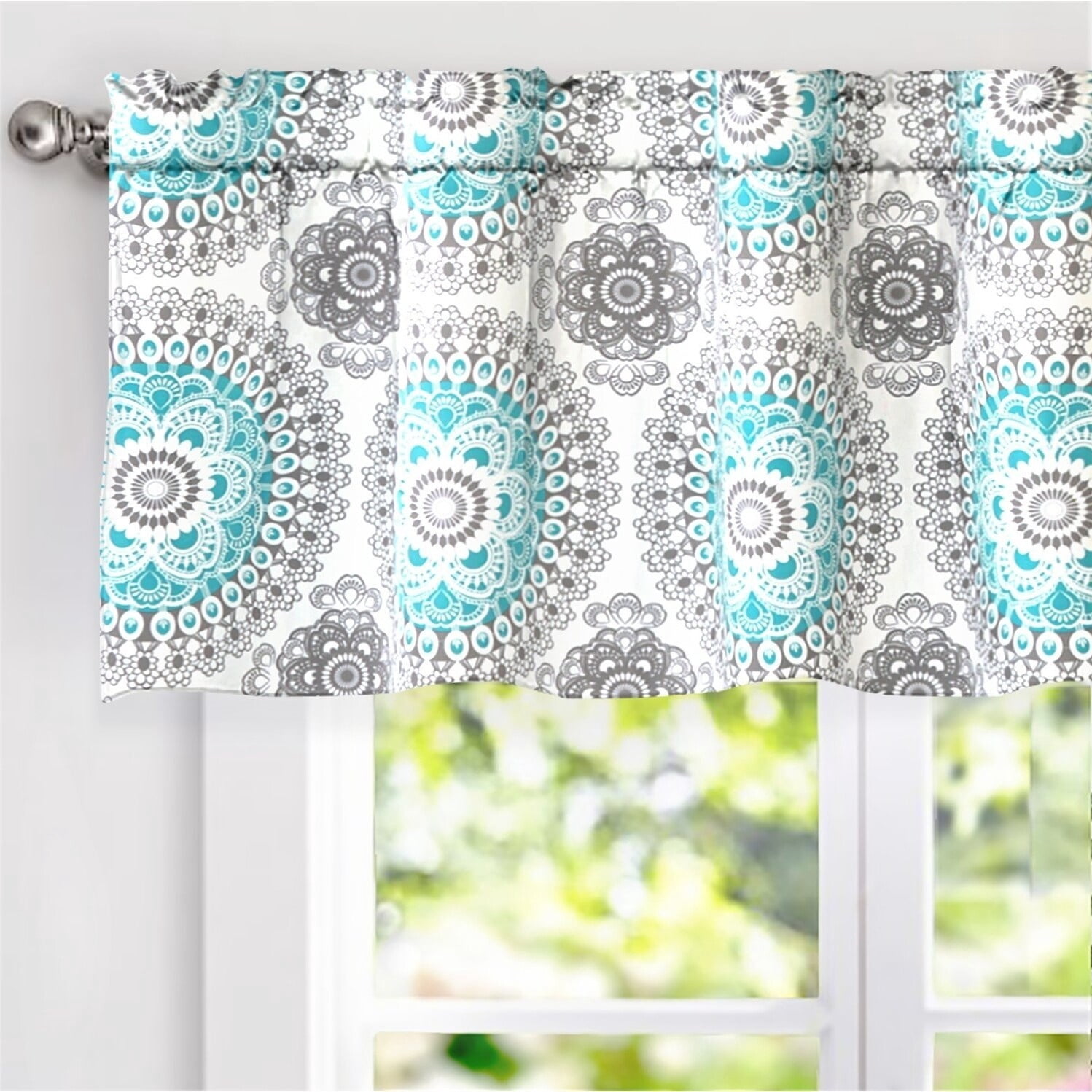 DriftAway Bella Medallion Pattern Room Darkening Rod Pocket Window Curtain Valance 52 Inch by 18 Inch Aqua and Gray