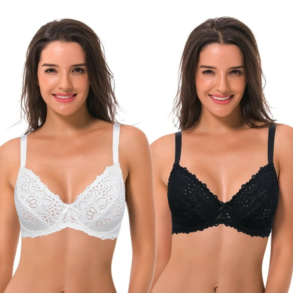 Curve Muse Semi-Sheer Balconette Underwire Lace Bra and Scalloped Hems (2 Pack)-BLACK,WHITE-34B