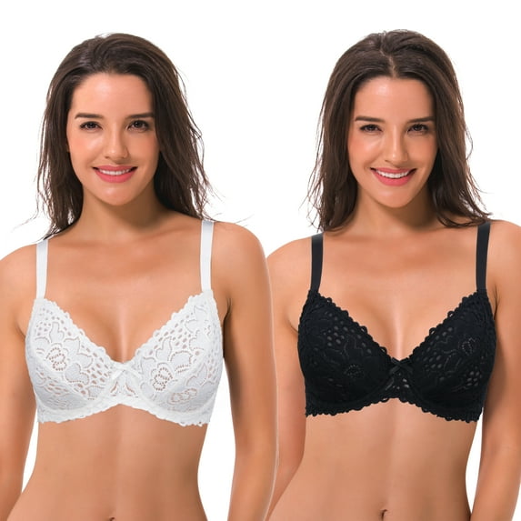 Curve Muse Semi-Sheer Balconette Underwire Lace Bra and Scalloped Hems (2 Pack)-BLACK,WHITE-48DD