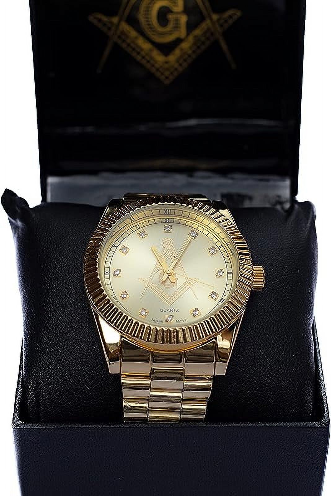 Trendy Zone 21 Freemason Masonic Symbol Quartz Wrist Analog Watch with Gold Tone Metal Band | Classy Gift for Men | Dimension – 4" x 3" x 3"