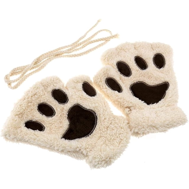 Guantes de medio dedo, guantes de medio dedo con estampado de garra de oso de gato, guantes de invierno cálidos para fiestas, color beige, beige