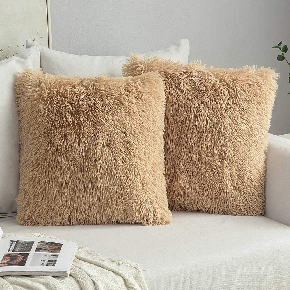HTOOQ Pack of 2 Luxury Faux Fur Fluffy Throw Pillow Covers Set Soft Deluxe Decorative Plush Fleece Pillowcases for Cushion Couch Sofa Bedroom Home 18 x 18 Inch Brown Walmart