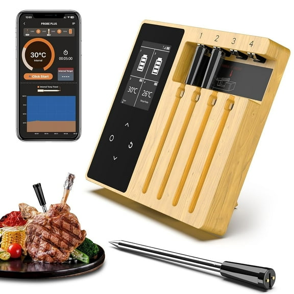 Smart Wireless Meat Thermometer - 4 Ceramics Probes,Upgraded Large Split Screen, Temperature Alert, Long-Range Bluetooth App or Host Control for iOS & Android, Perfect for Bbq, Oven, Grill, Kitchen