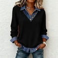 thumbnail image 2 of Huowey Women Denim Shirt Long Sleeve V-Neck Patchwork Button Down Blouse Casual Turndown Collar Loose Fit Relaxed Color Block Cozy Sweatshirt Spring Top Shirts Business Casual Outfits,Black,L, 2 of 7