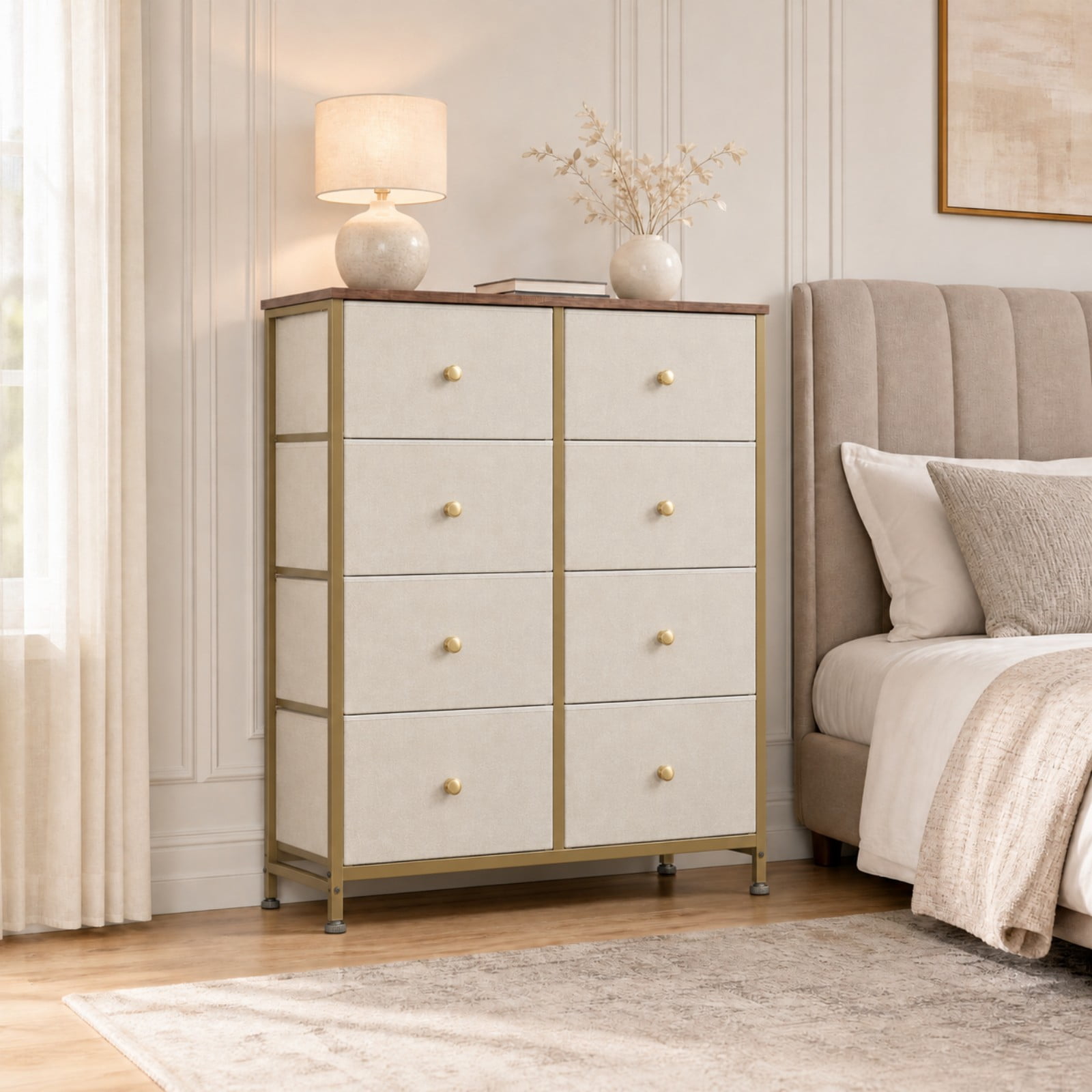 Telyra 8-Drawer Fabric Dresser Tall Storage Tower with Wood Top and Steel Frame Bedroom Closet Organizer, Khaki