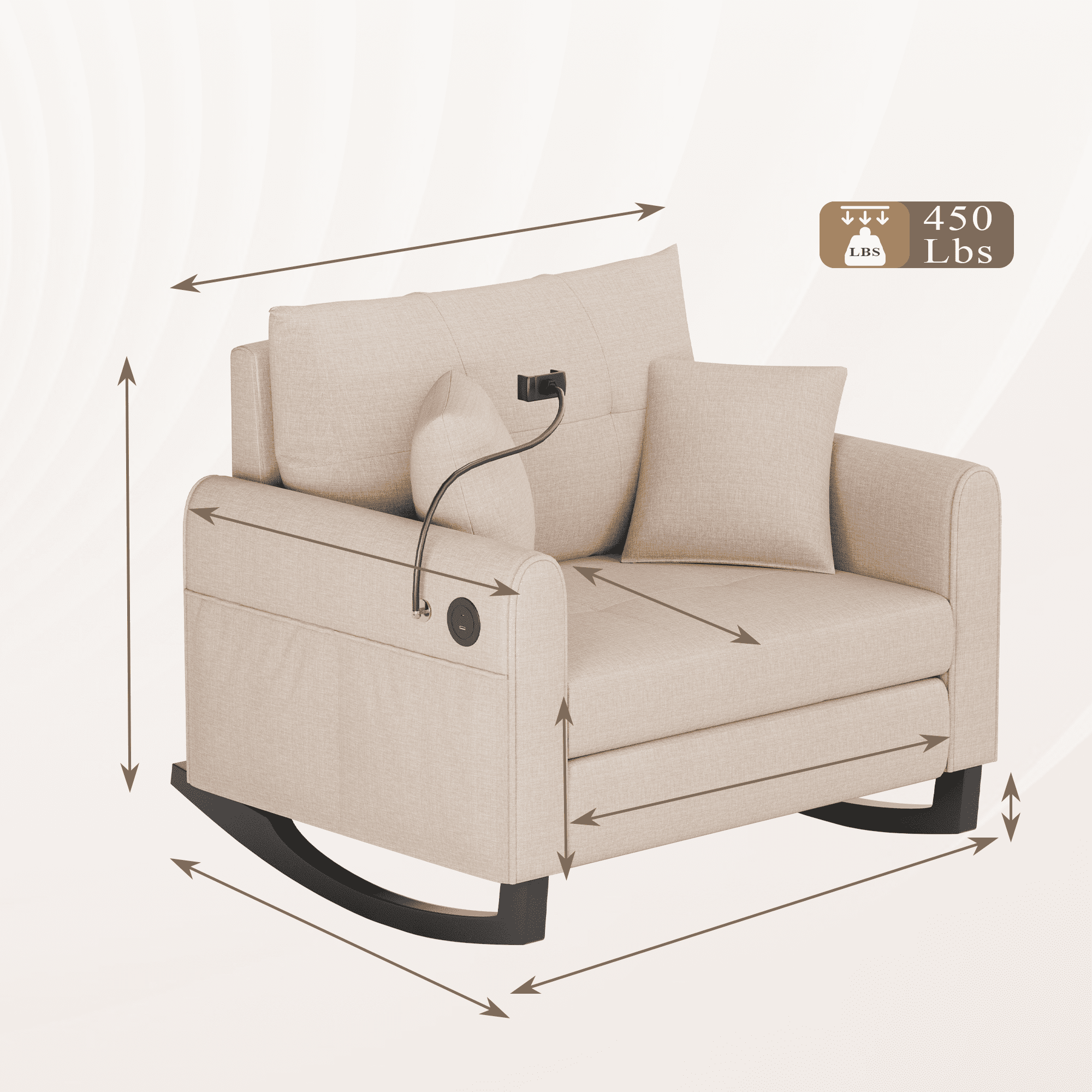 HOMREST Adult Double Wide Rocker Glider with Phone Handle and USB, Beige
