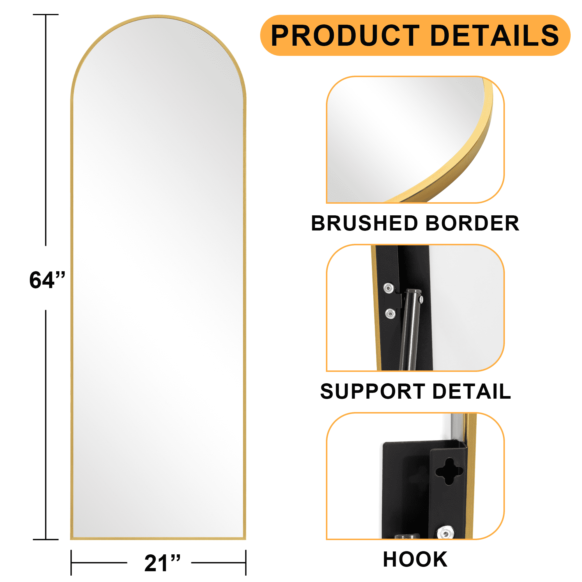 MAYEERTY 64x21 inch Gold Arched Wall Mirror - Slim Aluminum Alloy Frame with Rounded Corners, Hanging Mirror for Entryway/Bedroom/Bathroom