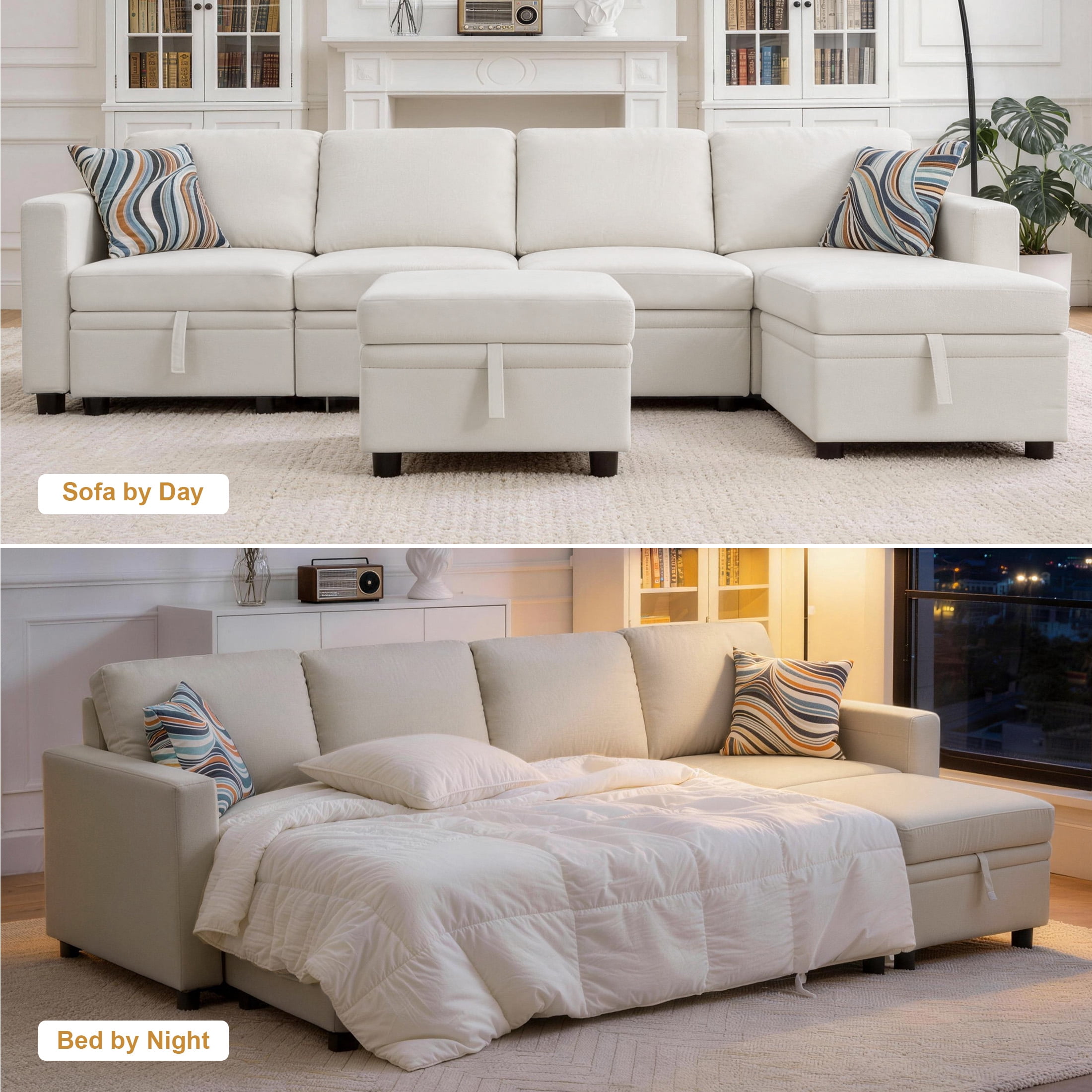 AENKYO 102" U-Shaped Sectional Sofa Bed, Linen Pull Out Sleeper Couch with Storage Seats for Living Room，White