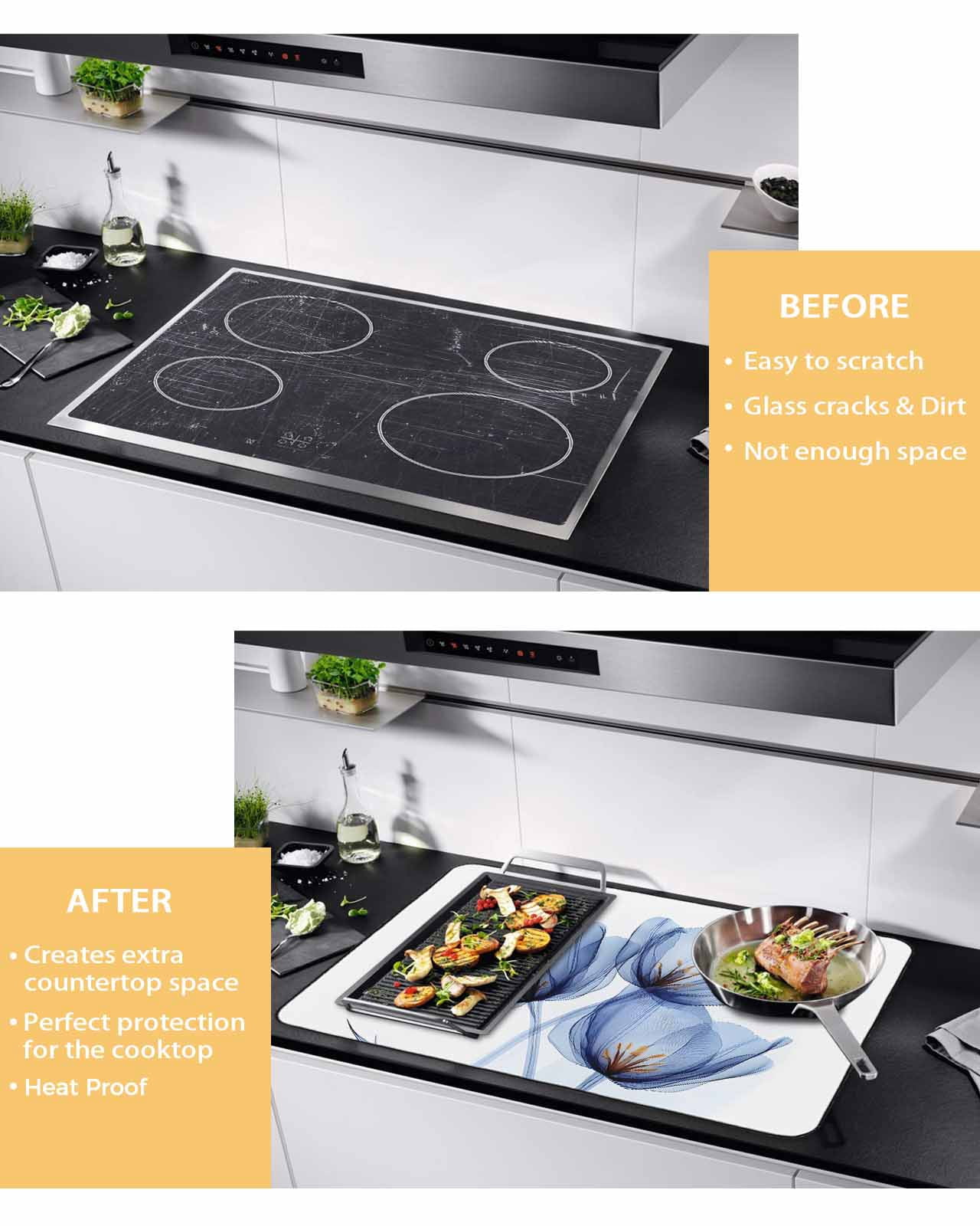 nqOlkjepod Large Induction Cooktop Protector Mat 36"x21", Light Blue Tulip Stove Top Covers for Electric Stove, Elegant Modern Rustic Botanical Floral Stove Burner Cover Mats, Glass Top Stove Cover