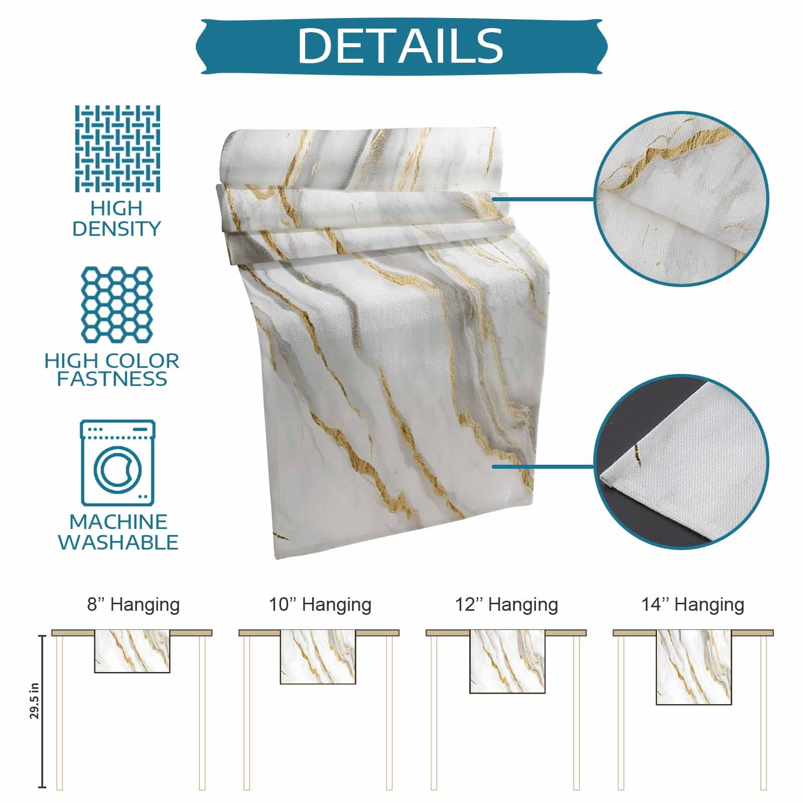 Kitchen Table Runner 90 Inches Long, Abstract White Marble Texture Cotton Linen Table Runners for Dining Tables Home Holiday Party Wedding, Retro Golden Veins Seamless Tabletop Scarf