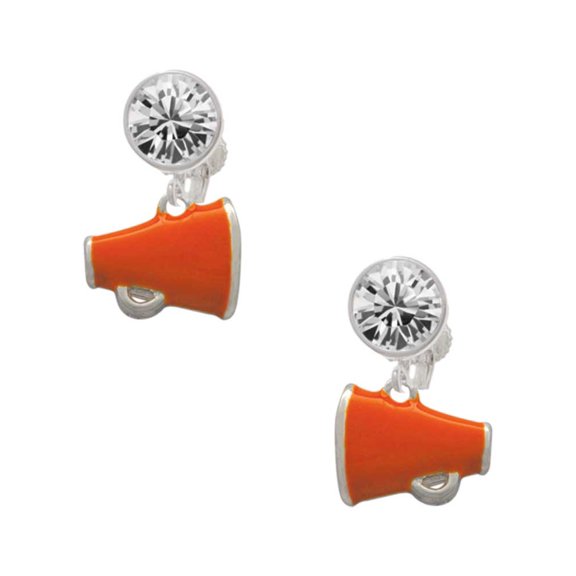 Silvertone Small Orange Megaphone Clear Crystal Clip On Earrings