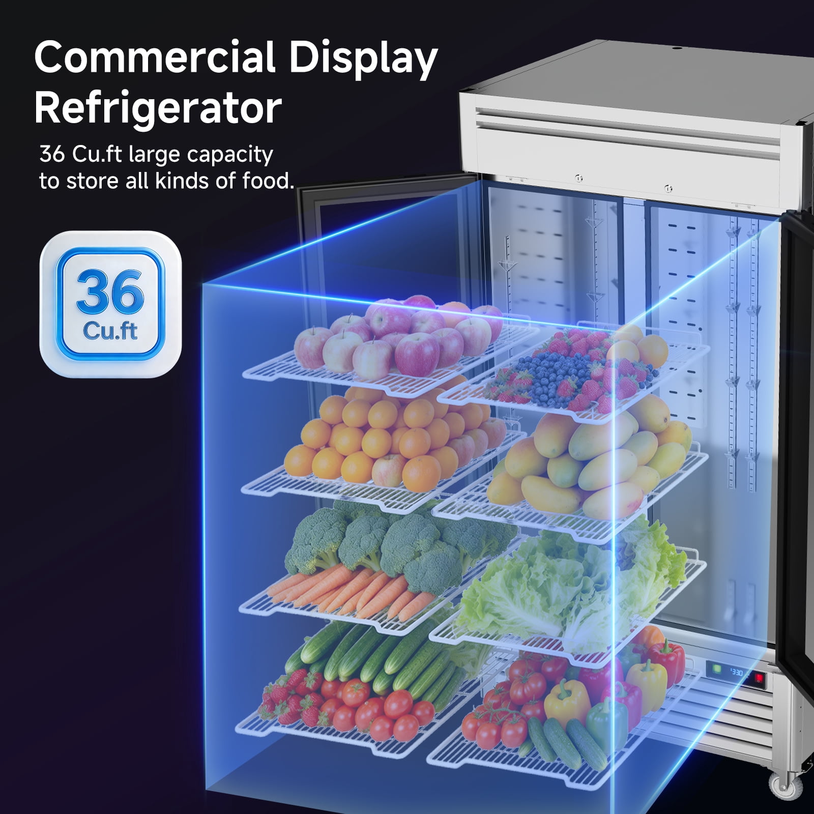 Coolake 40"W 36 Cu.Ft. Commercial Display Beverage Refrigerator with 2 Glass Doors, Stainless Steel Merchandiser Cooler