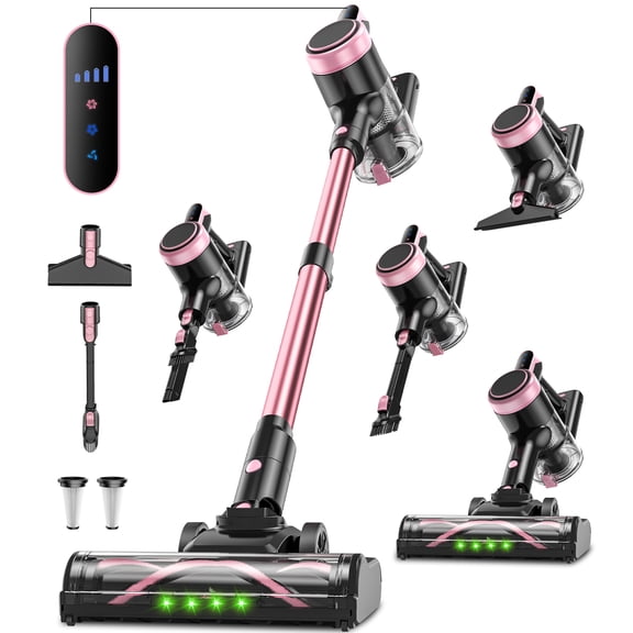 H35 Stick Vacuum Cleaner, 450W Brushless Motor, Self-Standing, Wall Charging, 45 Min Runtime, Lightweight for Hard Floors & Carpets, Pink