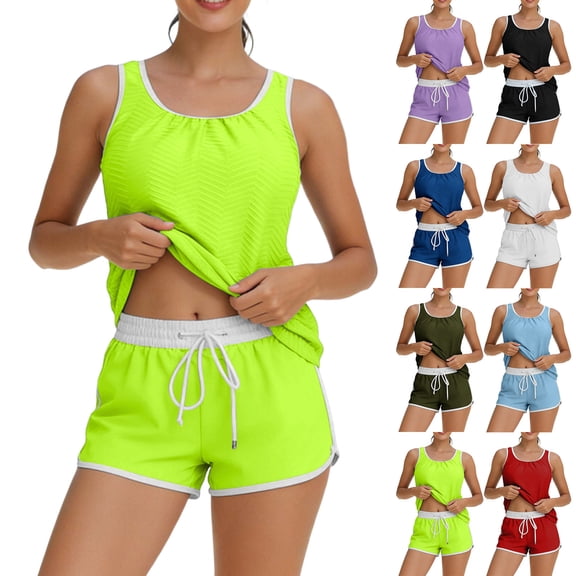 Fewfanhot Swimming Suits for Women Tummy Control Two Piece Color Block Bathing Suit with Skirt Athletic Swimwear
