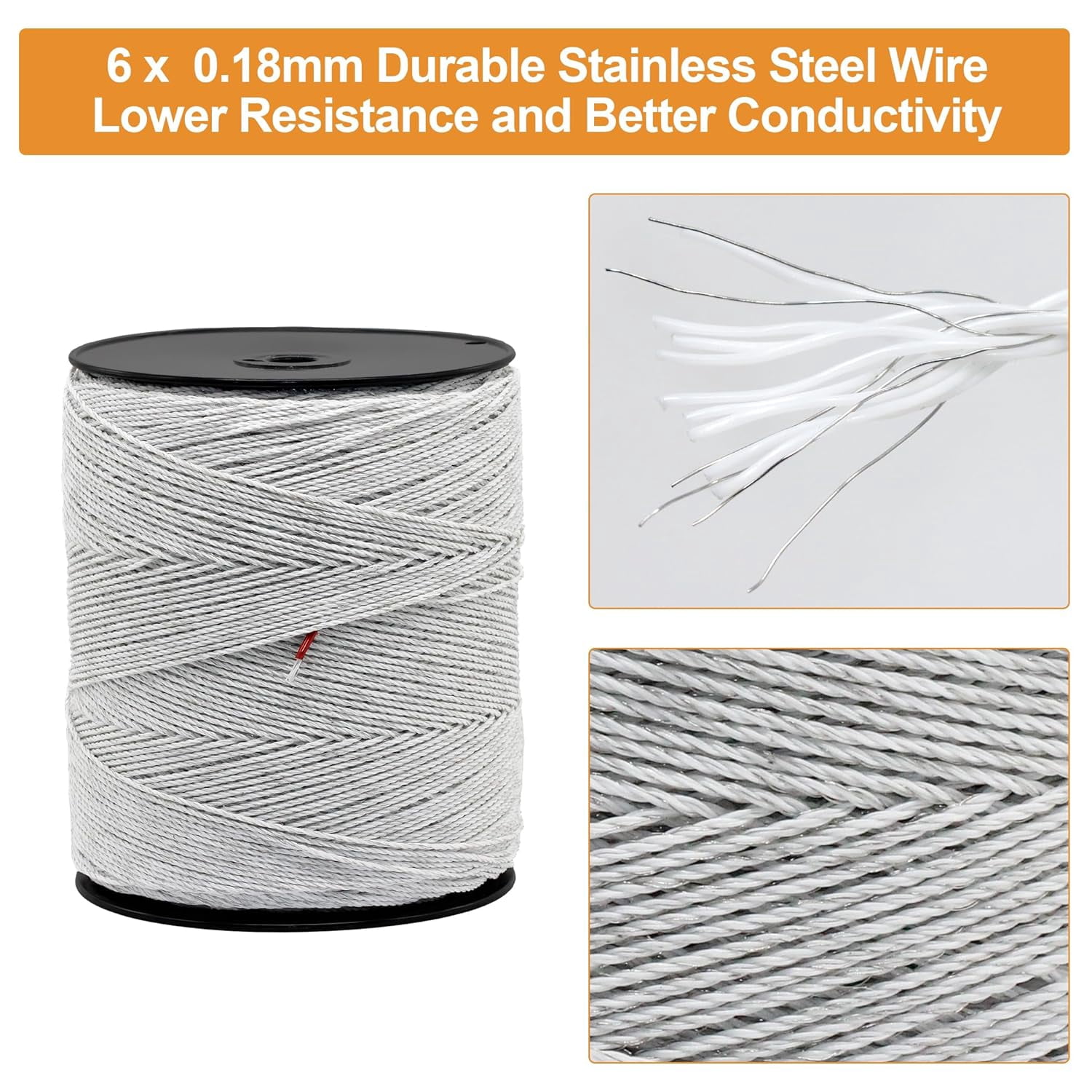 Electric Fence Poly wire for Fencing 3280ft 6 Stainless Steel Conductors UV-Resistant, White