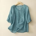 thumbnail image 5 of Scyoekwg Womens T Shirts Trendy V-Neck Vintage Cotton Linen Tunic Tops Short Sleeve T Shirts Summer Lightweight Solid Color Soft Comfy Casual Loose Blouses (Blue,XL), 5 of 7