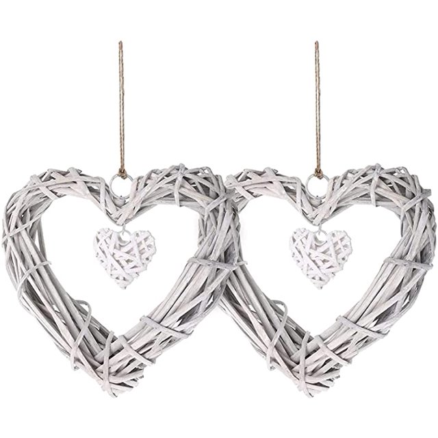 2 Corazones Colgantes de Rattan, Corazones Colgantes Decorativos de Rattan, Objetos Colgantes para Fiestas, Bodas, Decoración del Hogar, Gris ER