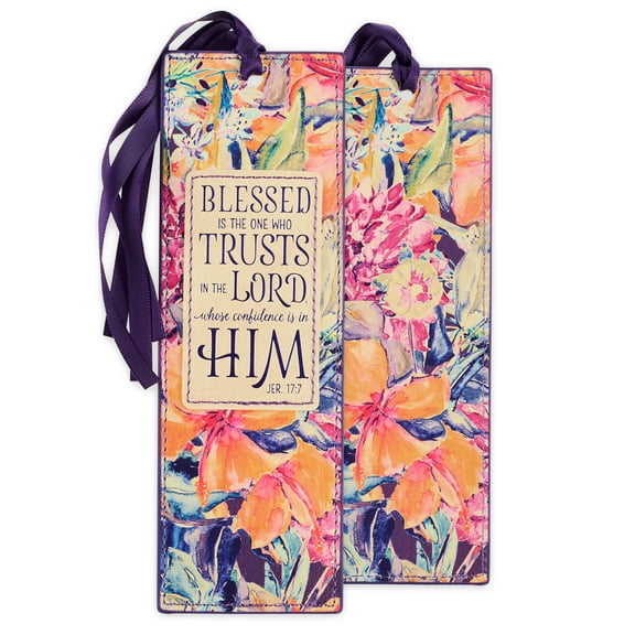 Christian Art Gifts Faux Leather Bookmark Blessed is The One Jeremiah 17:7 Bible Verse, Purple Floral